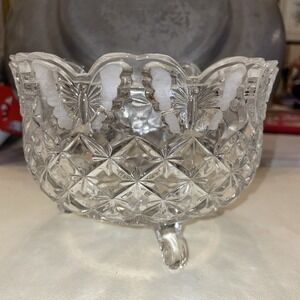 Hofbauer Lead Crystal Butterfly Papillon Bowl 3-Footed 4.5x6" Antique